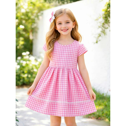 HILEELANG 3-13T Little/Big Girls Pink Gingham 100% Cotton Dress