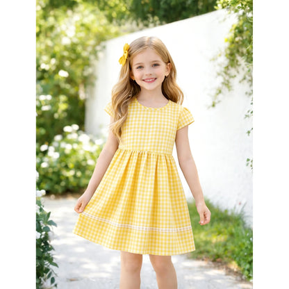 HILEELANG 3-13T Little/Big Girls Yellow Gingham 100% Cotton Dress