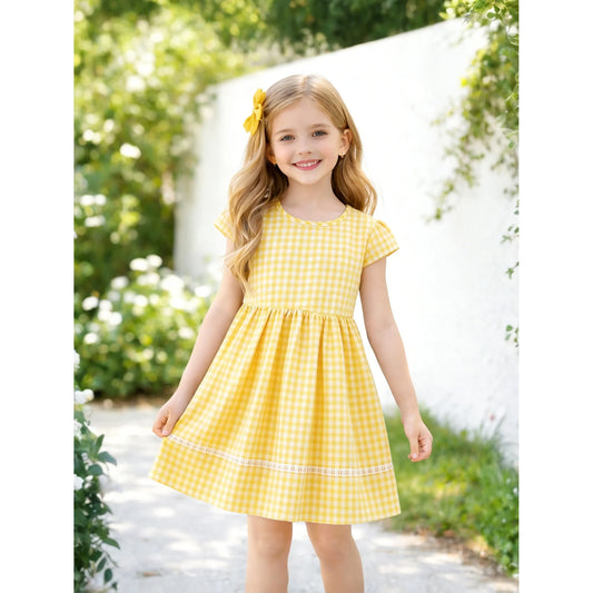 HILEELANG 3-13T Little/Big Girls Yellow Gingham 100% Cotton Dress