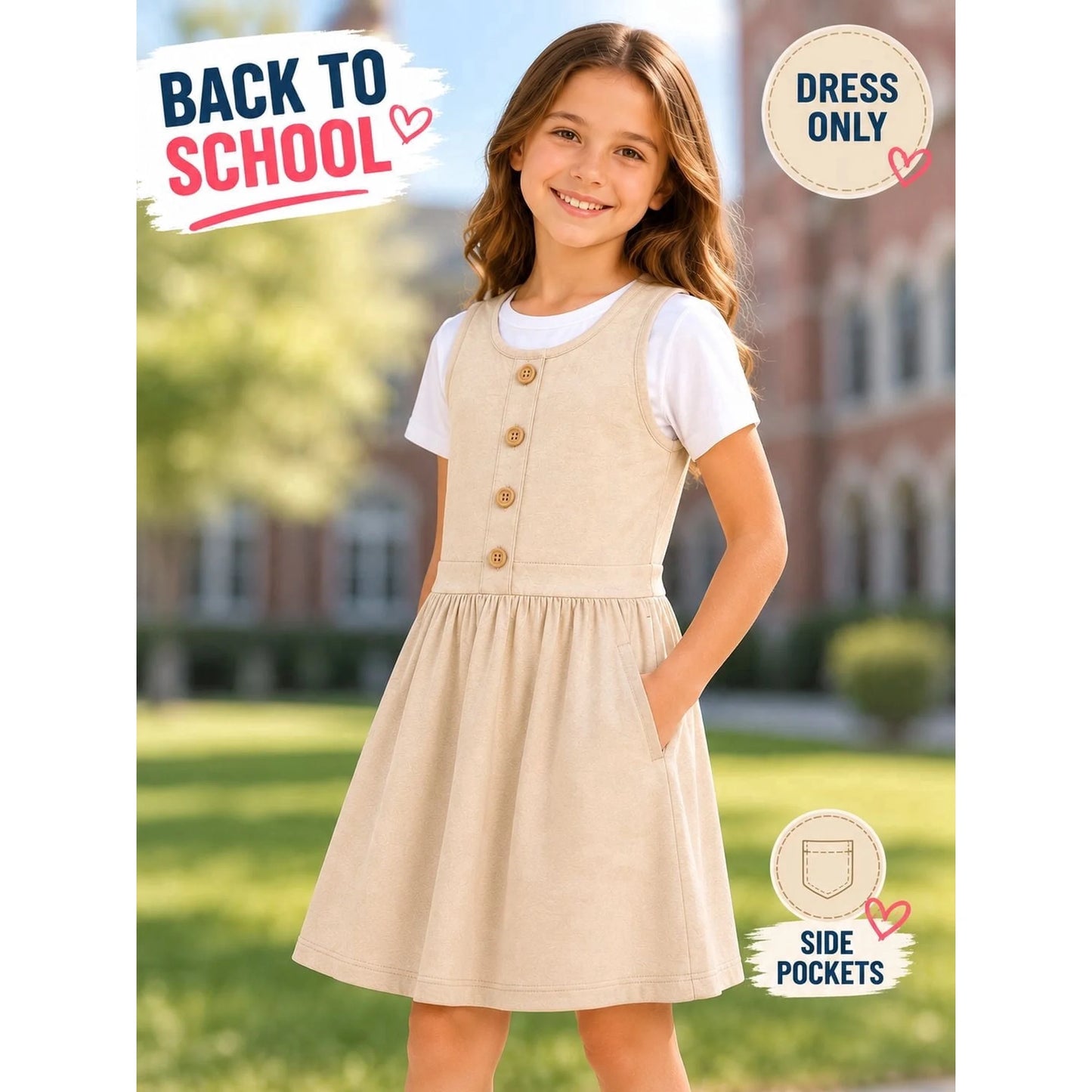 HILEELANG 3-13Y Girls School Jumper Dress with Pockets Sleeveless Uniform Dress Elastic Back Waist for Toddler Little Big Girls Khaki