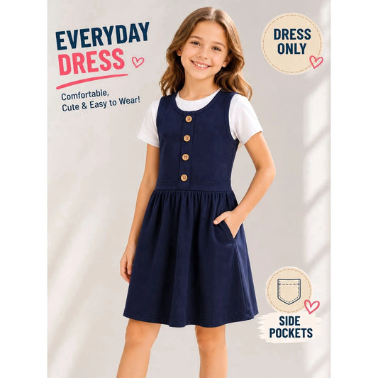 HILEELANG 3-13Y Girls School Jumper Dress with Pockets Sleeveless Uniform Dress Elastic Back Waist for Toddler Little Big Girls Navy Blue