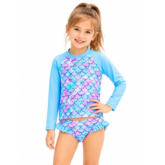 HILEELANG 3-8T Toddler/Little Girls Light Blue Ocean Mermaid Scales Rashguard Swimsuit