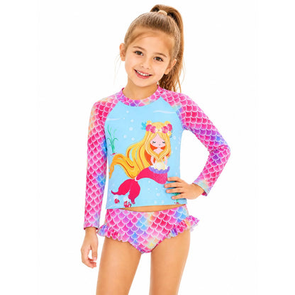 HILEELANG 3-9T Toddler/Little Girls Light Blue Mermaid Graphic Rainbow Scales Rashguard Swimsuit