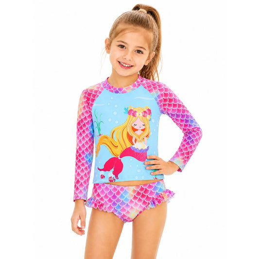 HILEELANG 3-9T Toddler/Little Girls Light Blue Mermaid Graphic Rainbow Scales Rashguard Swimsuit