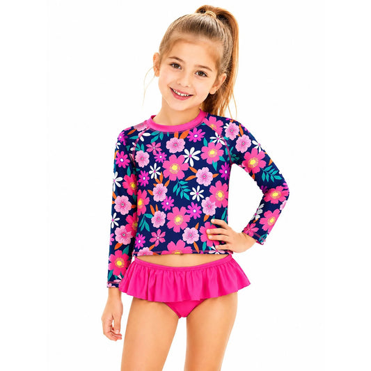HILEELANG 3-9T Toddler/Little Girls Navy Pink Floral Rashguard Swimsuit