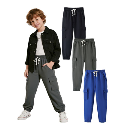HILEELANG 3-Pack Boys' Sweatpants 5-15 Years Black/Charcoal/Blue Elastic Waist Pants