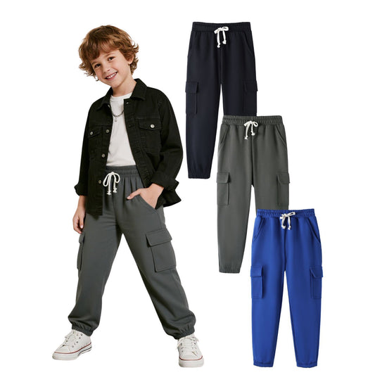 HILEELANG 3-Pack Boys' Sweatpants 5-15 Years Black/Charcoal/Blue Elastic Waist Pants