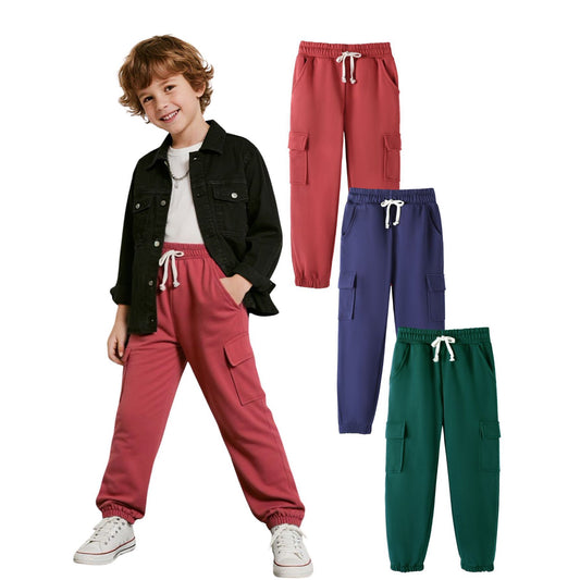 HILEELANG 3-Pack Boys' Sweatpants 5-15 Years Deep Blue/Rust Red/Dark Green Cotton Blend Kids Fall Winter Joggers