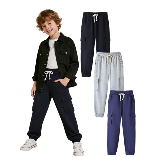 HILEELANG 3-Pack Boys' Sweatpants 5-15 Years Navy/Gray/Black Cotton Blend Kids Pants School Wear