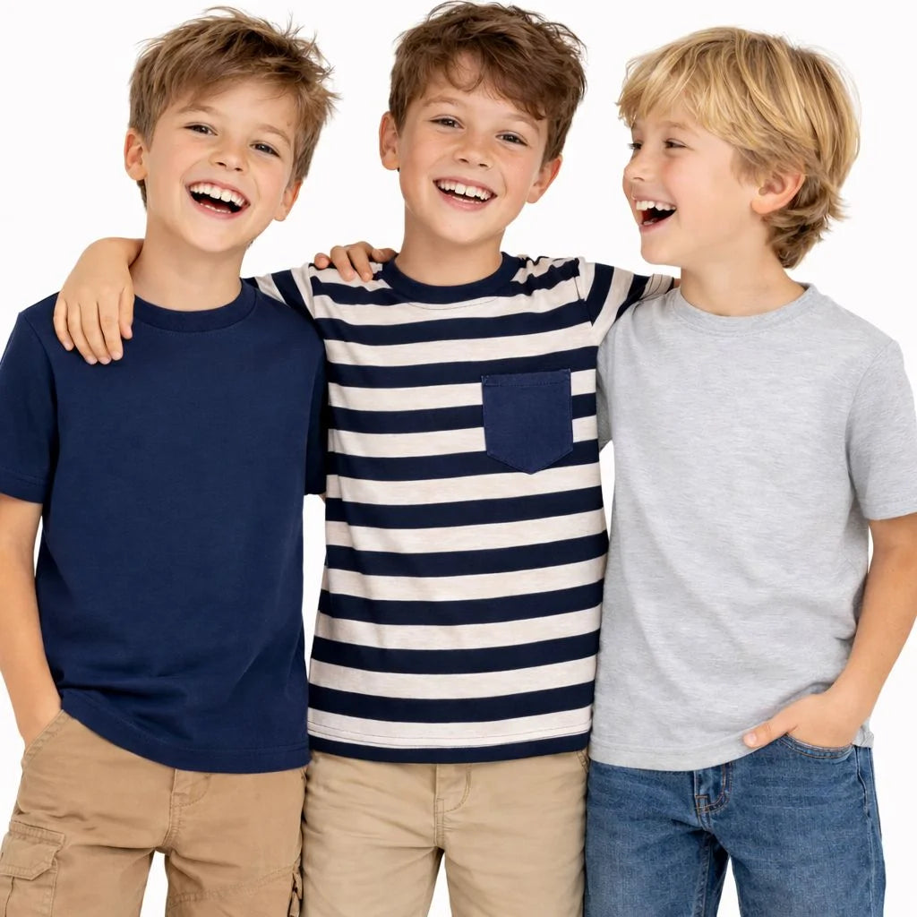 HILEELANG 4-13 Little/Big Boys Navy/Gray/Stripe Classic Stripe Pocket 100% Cotton 3-Pack Short Sleeve T-Shirt