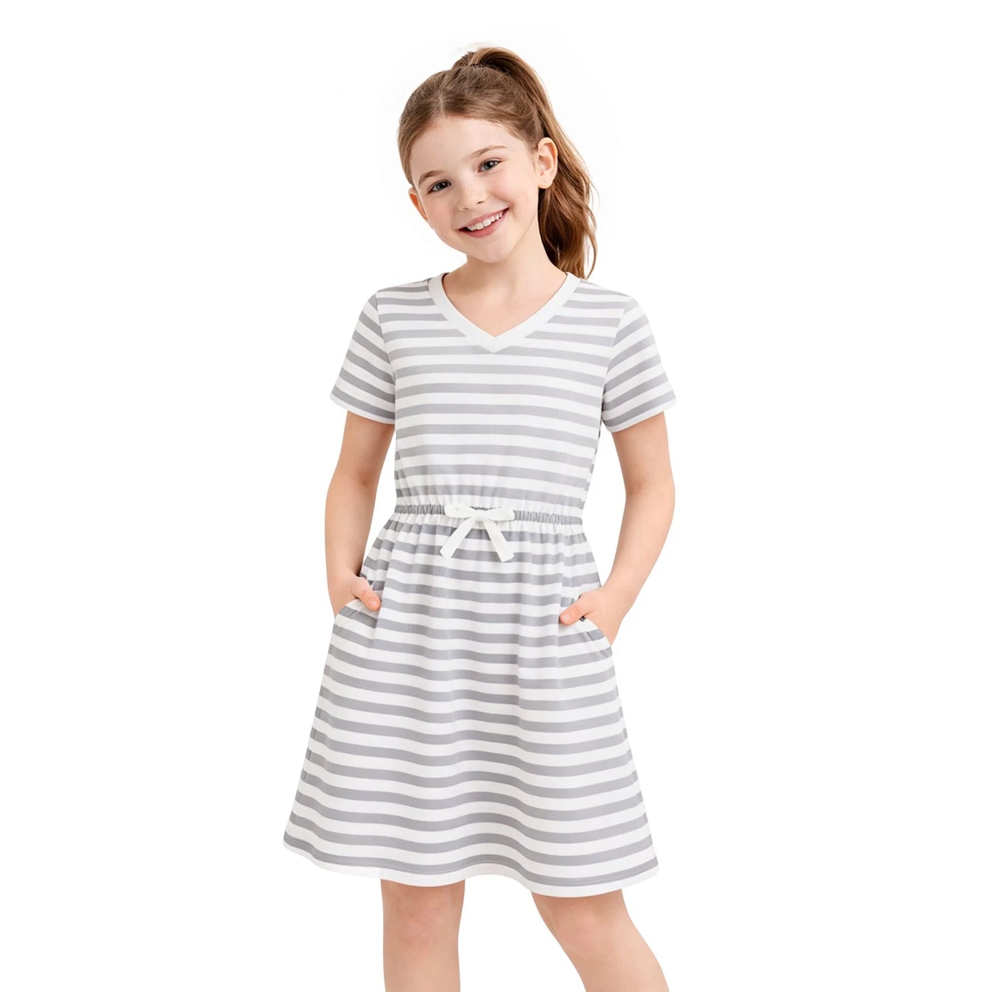 HILEELANG 4–13 Little/Big Girls Gray White Stripe V-Neck Short Sleeve Dress with Waist Tie