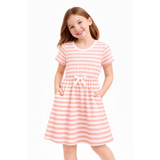 HILEELANG 4–13 Little/Big Girls Pink White Stripe Casual Short Sleeve Dress with Waist Tie