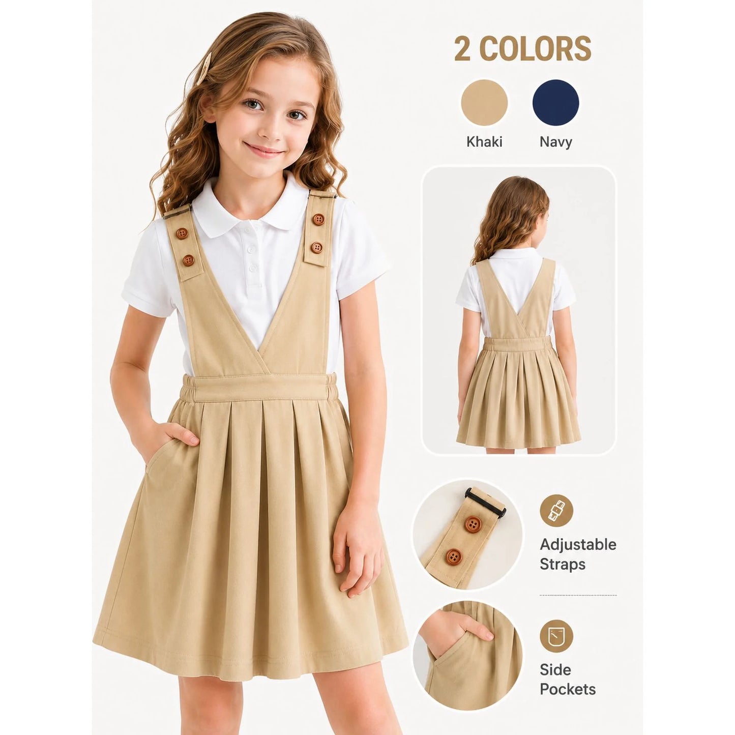 HILEELANG Girls School Uniform Jumper Dress, Adjustable Strap Pinafore Dress with Pockets for Little Big Girls