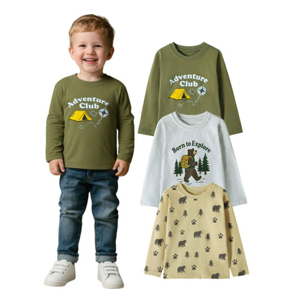 HILEELANG Baby Boys Shirt 3-Pack Bear Graphic Long-Sleeve Tees Winter Cotton Casual Crewneck T-Shirts