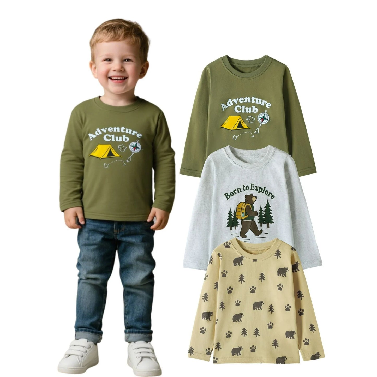 HILEELANG Baby Boys Shirt 3-Pack Bear Graphic Long-Sleeve Tees Winter Cotton Casual Crewneck T-Shirts