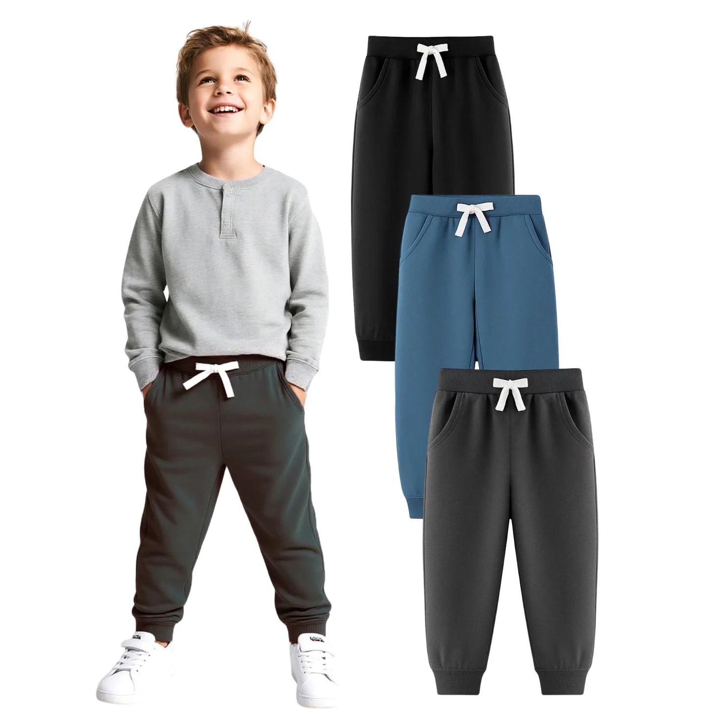 HILEELANG Baby Boys Cotton Jogger Sweatpants 3 Pack, Black Grey Blue Soft Elastic Waist Playwear Sport Pants with Pockets