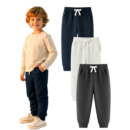 HILEELANG Baby Boys Cotton Jogger Sweatpants 3 Pack, Black LightGrey Dark gray Soft Elastic Waist Playwear Sport Pants with Pockets