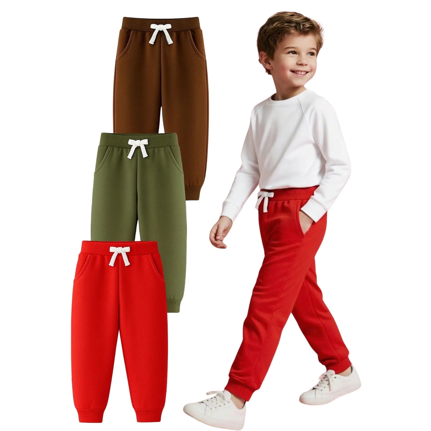HILEELANG Baby Boys Cotton Jogger Sweatpants 3 Pack, Red Brown Green Soft Elastic Waist Playwear Sport Pants with Pockets