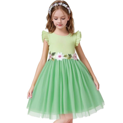 HILEELANG Toddler Little Girls Mint Green Tulle Dress, Floral Embroidered Flutter Sleeve Summer Party Dress