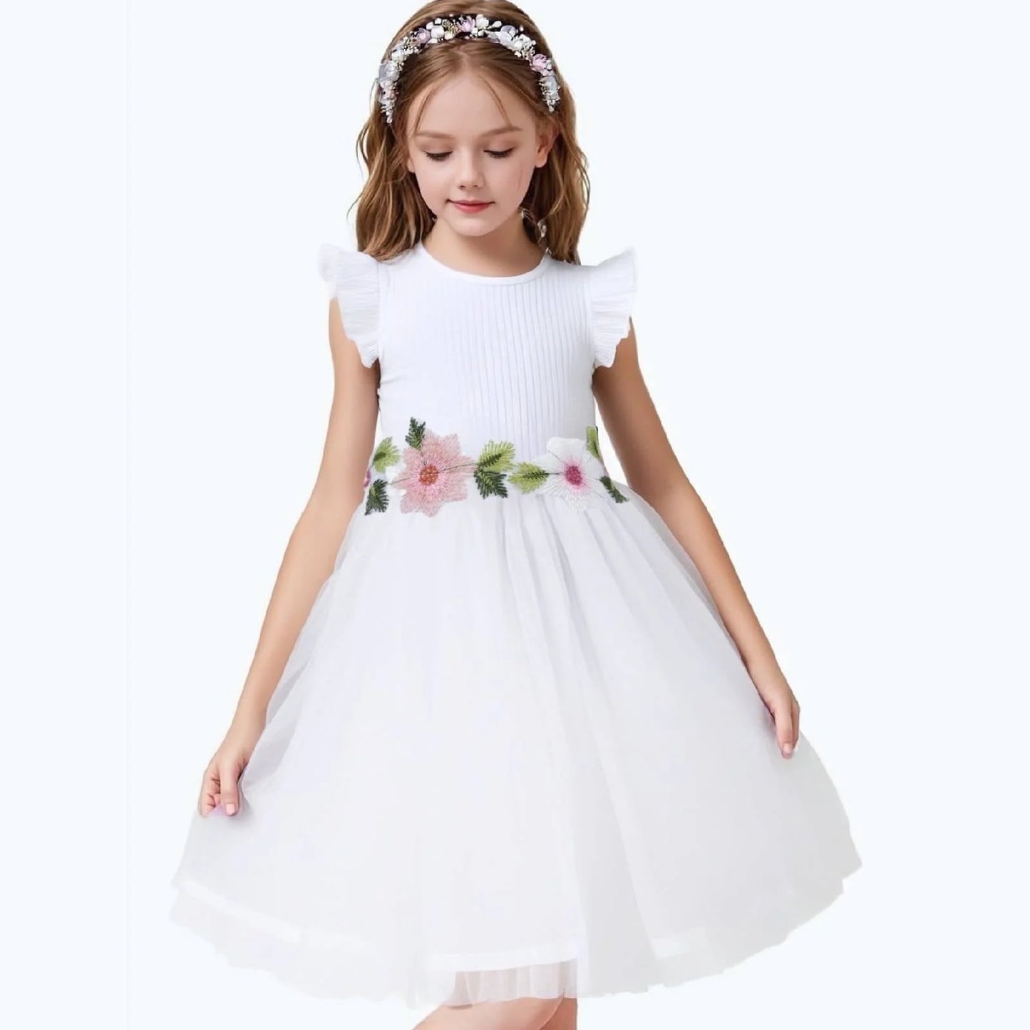 HILEELANG Toddler Little Girls White Tulle Dress, Floral Embroidered Flutter Sleeve Flower Girl Dress for Wedding Birthday Picture Day