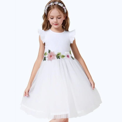 HILEELANG Toddler Little Girls White Tulle Dress, Floral Embroidered Flutter Sleeve Flower Girl Dress for Wedding Birthday Picture Day