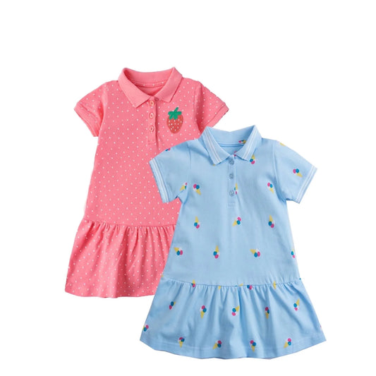 HILEELANG Toddler Little Girls 2 Pack Polo Dresses, Short Sleeve Summer Play Dress Set, Strawberry and Ice Cream Prints