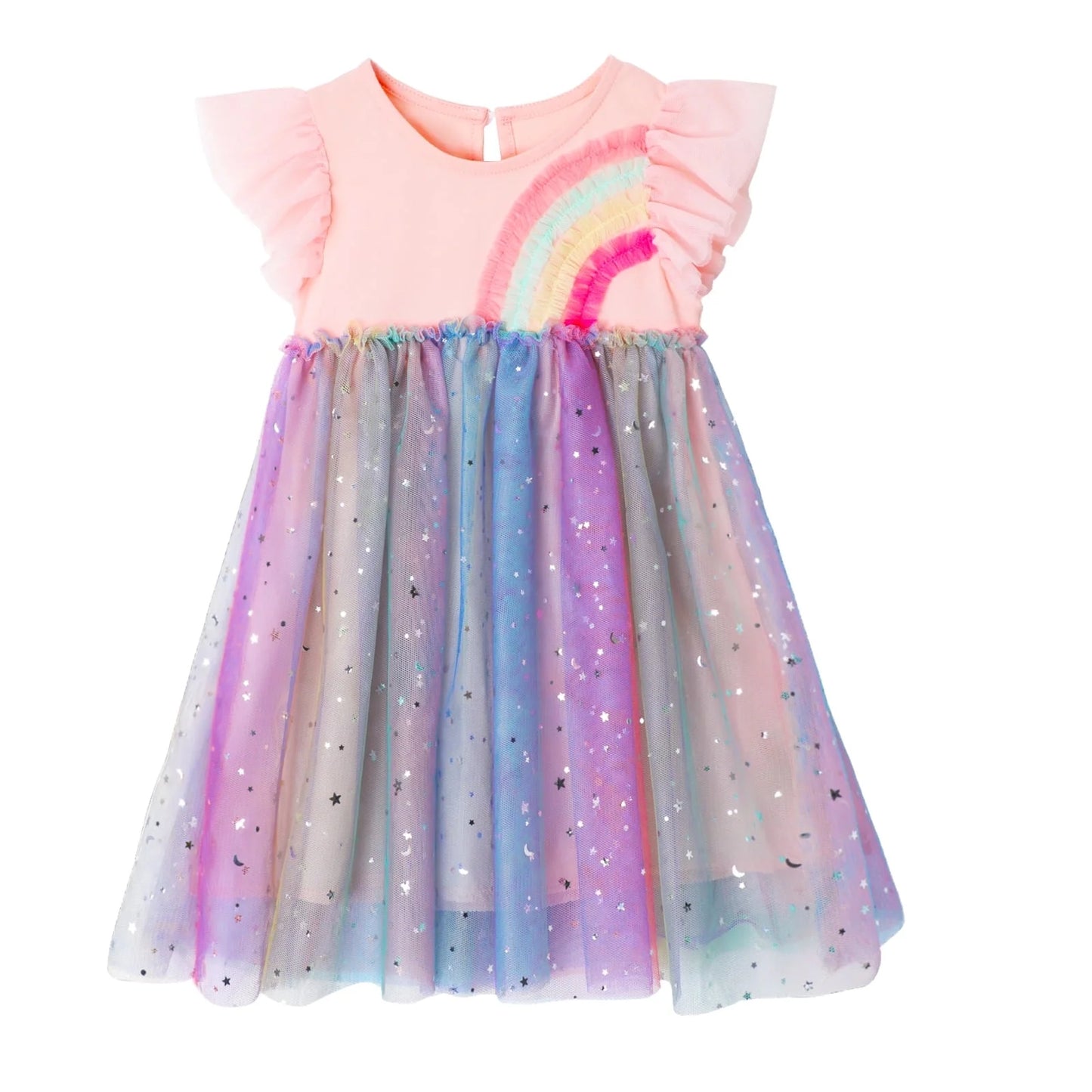 HILEELANG Baby Girl Dresses Short Ruffle Sleeve Cotton Tulle Tutu Pink Rainbow Birthday Party Dresses
