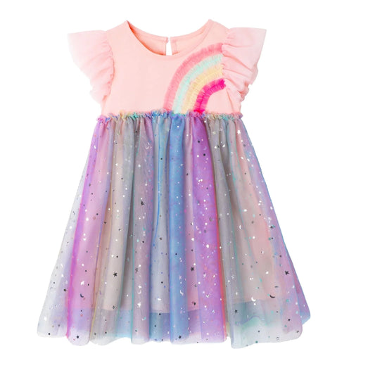 HILEELANG Baby Girl Dresses Short Ruffle Sleeve Cotton Tulle Tutu Pink Rainbow Birthday Party Dresses