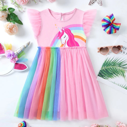 HILEELANG Baby Girl Dresses Short Ruffle Sleeve Cotton Tulle Tutu Pink Unicon Birthday Party Dresses