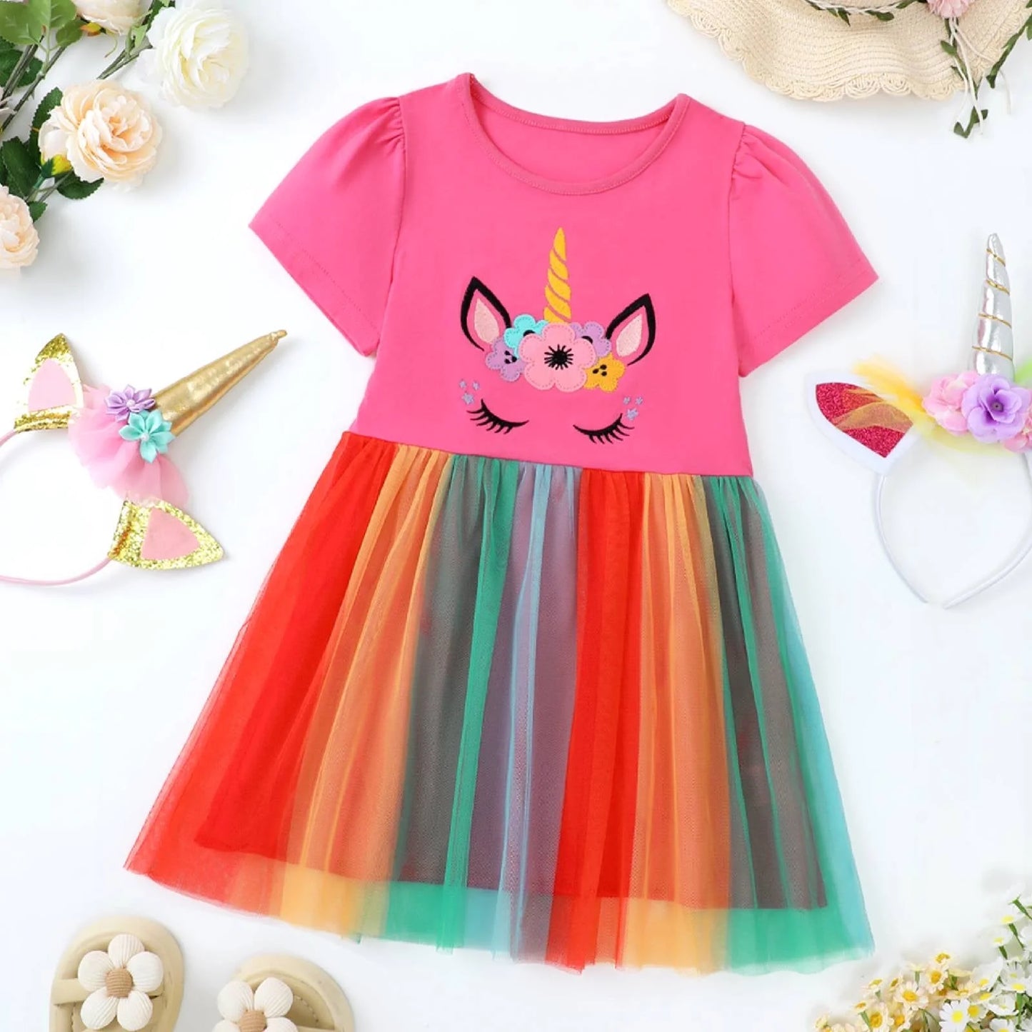 HILEELANG Baby Girl Dresses Short Ruffle Sleeve Cotton Tulle Tutu Rose Unicon Birthday Party Dresses