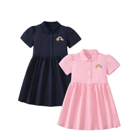 HILEELANG Toddler Little Girls 2 Pack Polo Dresses, Short Sleeve School Uniform Style Dress Set with Rainbow Embroidery