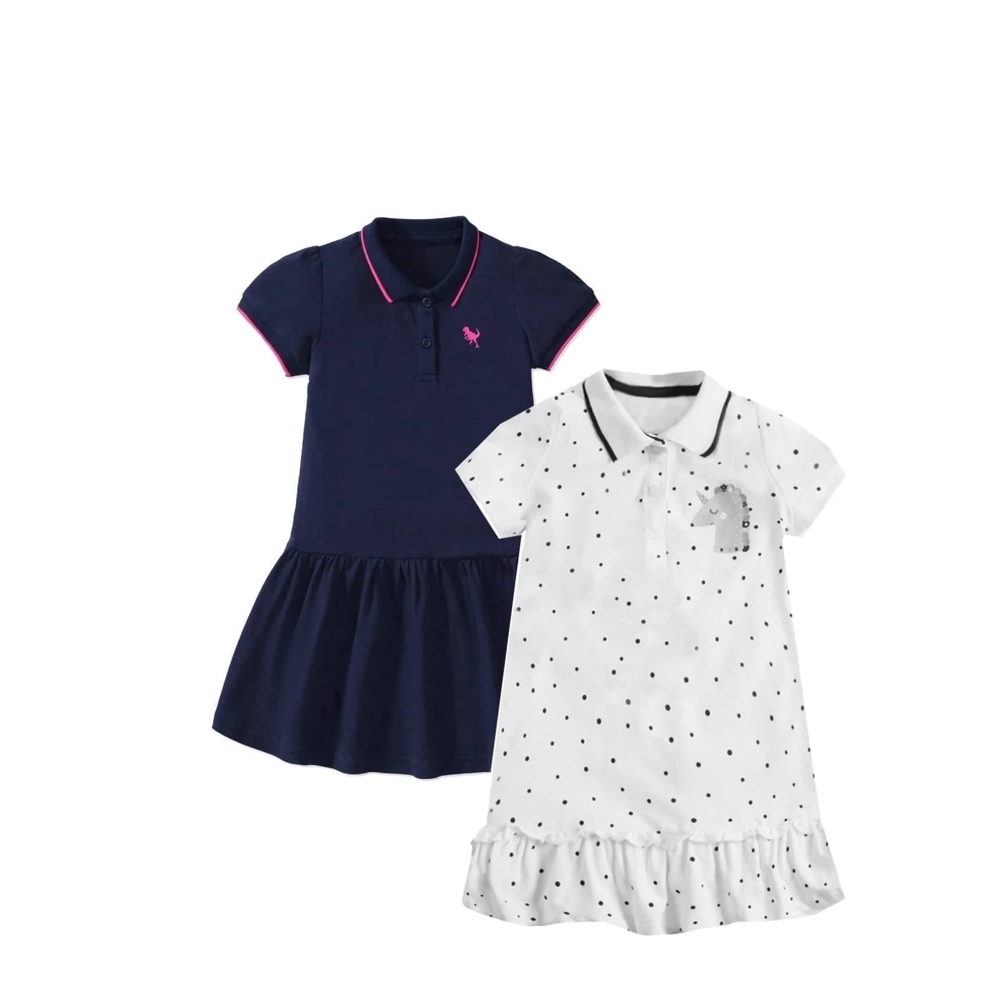 HILEELANG Toddler Little Girls 2 Pack Polo Dresses, Short Sleeve Casual School Day Dress Set, Navy and Unicorn Print