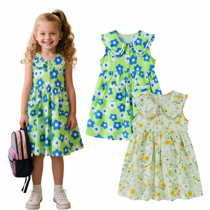 HILEELANG Toddler Little Girls 2 Pack Summer Dresses, Sleeveless Peter Pan Collar Sundress Set with Pockets
