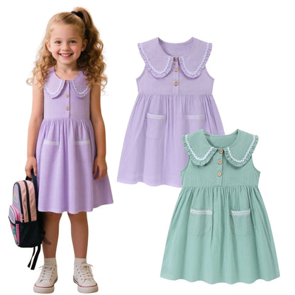 HILEELANG Toddler Little Girls 2 Pack Summer Dresses, Sleeveless Peter Pan Collar Sundress Set with Pockets