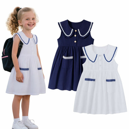 HILEELANG Toddler Little Girls 2 Pack Summer Dresses, Sleeveless Peter Pan Collar Sundress Set with Pockets
