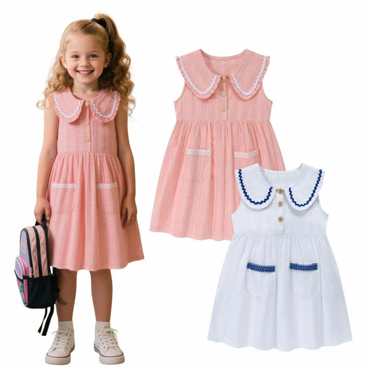 HILEELANG Toddler Little Girls 2 Pack Summer Dresses, Sleeveless Peter Pan Collar Sundress Set with Pockets