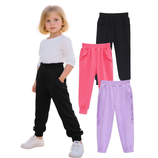 HILEELANG Baby Girls' Jogger Pants 3-Pack Pull on Cotton French Terry Solid Grey Navy pink Ruffle Pocket SweatPants12M