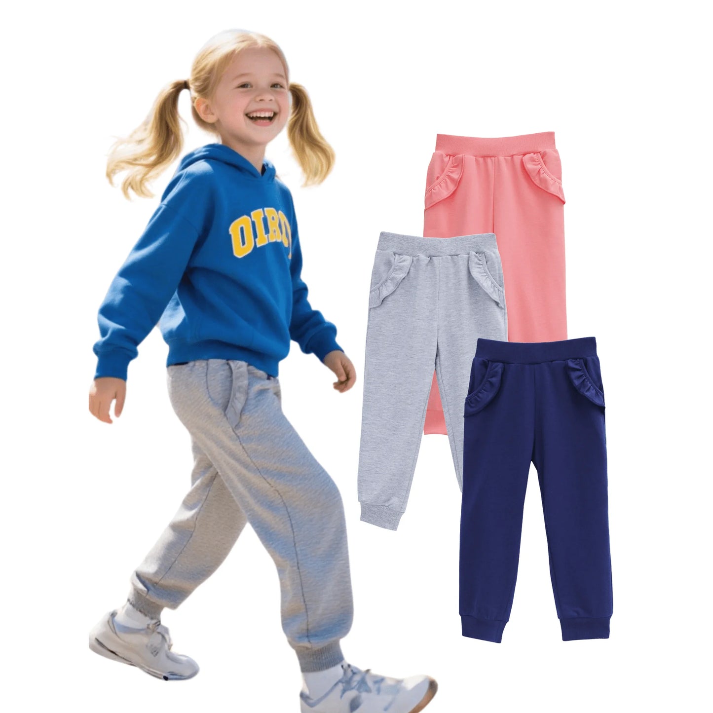 HILEELANG Baby Girls' Jogger Pants 3-Pack Pull on Cotton French Terry Solid Grey Navy pink Ruffle Pocket SweatPants12M