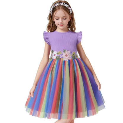 HILEELANG Toddler Little Girls Rainbow Tulle Dress, Floral Embroidered Flutter Sleeve Birthday Party Tutu Dress for Girls