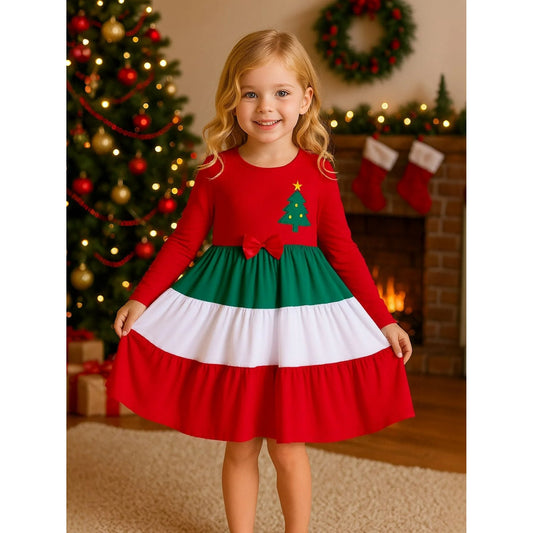 HILEELANG Girls Christmas Dress Long Sleeve CottonHoliday Outfit with Bow Red Green Tiered Festive Party Dress for Toddler Kids, Xmas Birthday Outfit Winter Clothing