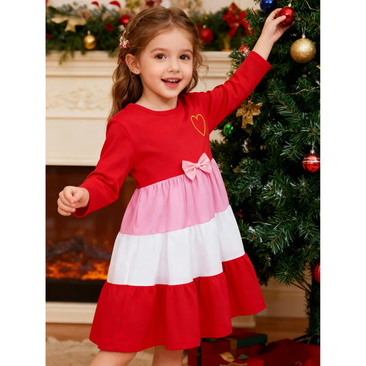 HILEELANG Girls Christmas Dress Long Sleeve Red Pink Tiered Party Outfit with Heart Bow Cotton Holiday Valentine’s Day Dress for Toddler Kids