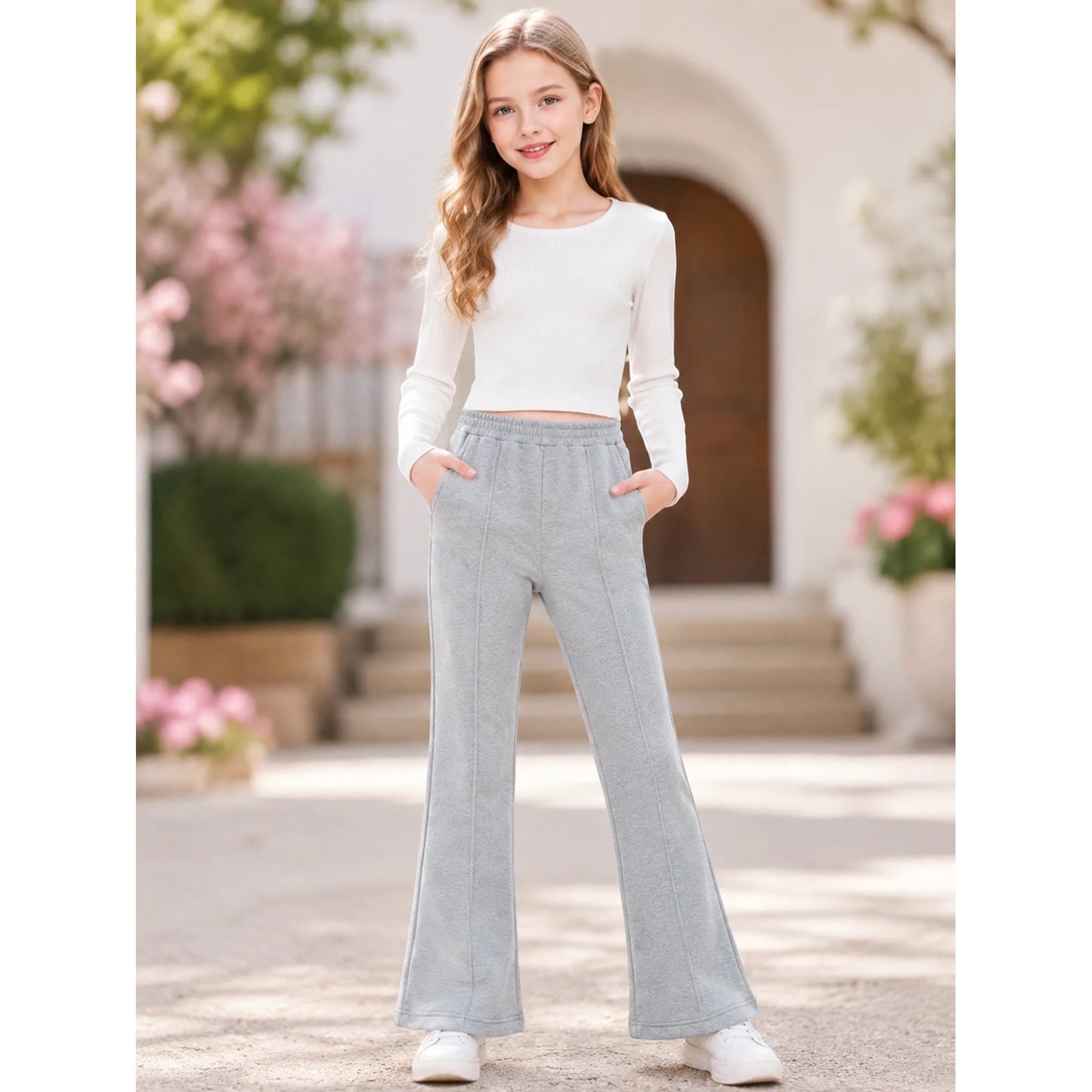 HILEELANG Girls Flare Pants Stretch Pull On Sweatpants Heather Gray