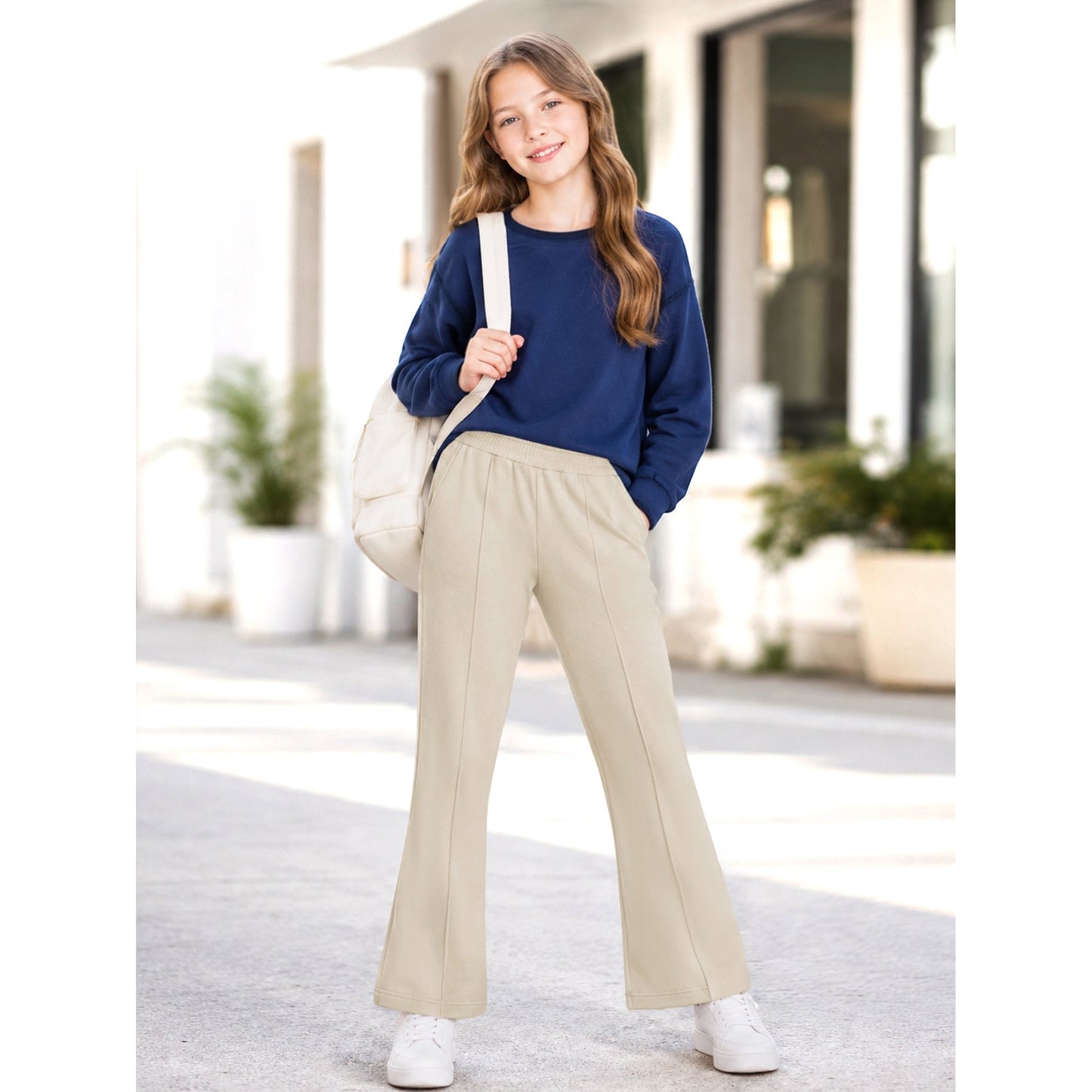 HILEELANG Girls Flare Pants Stretch Pull On Sweatpants Light Khaki