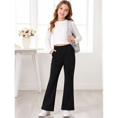 HILEELANG Girls Flare Pants Stretch Sweatpants Pull On with Pockets Black