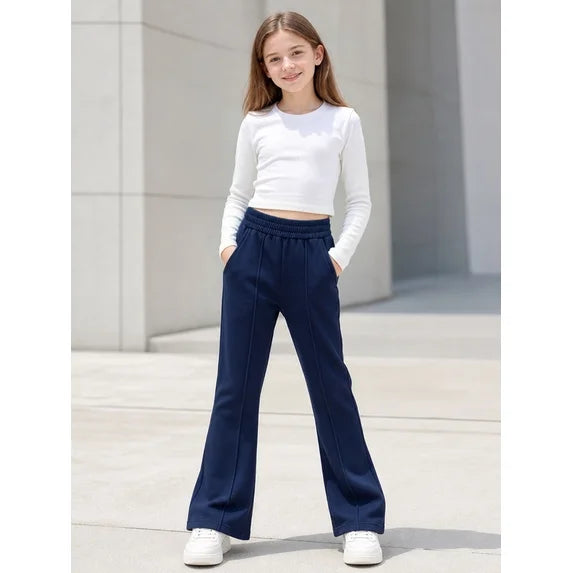 HILEELANG Girls Flare Pants Stretch Sweatpants Pull On with Pockets Navy