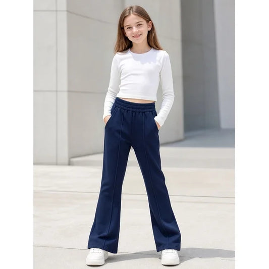 HILEELANG Girls Flare Pants Stretch Sweatpants Pull On with Pockets Navy
