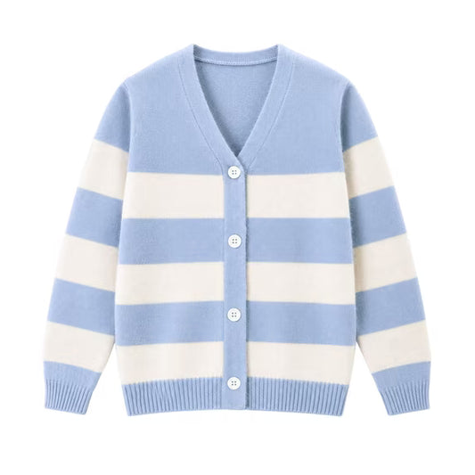 HILEELANG Girls Striped Cardigan Sweater Fall Knit Preppy Cardigan Dusty Blue Ivory