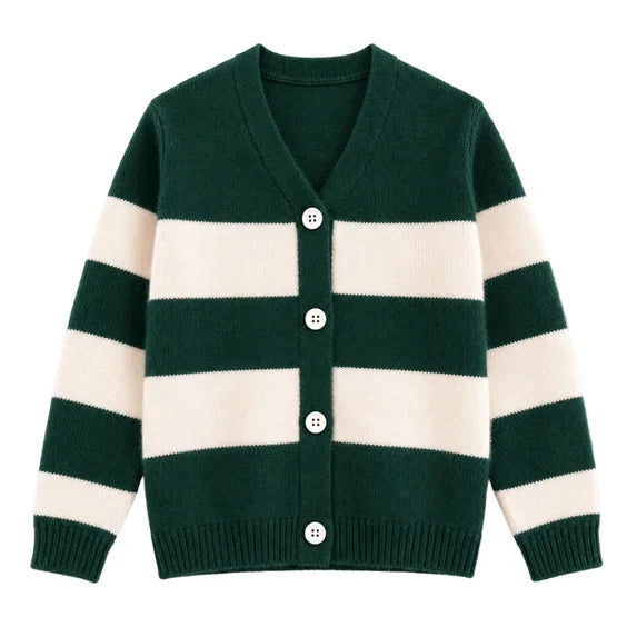 HILEELANG Girls Striped Cardigan Sweater Fall Knit Preppy Cardigan Forest Green Ivory
