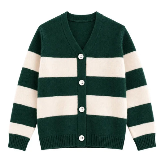 HILEELANG Girls Striped Cardigan Sweater Fall Knit Preppy Cardigan Forest Green Ivory