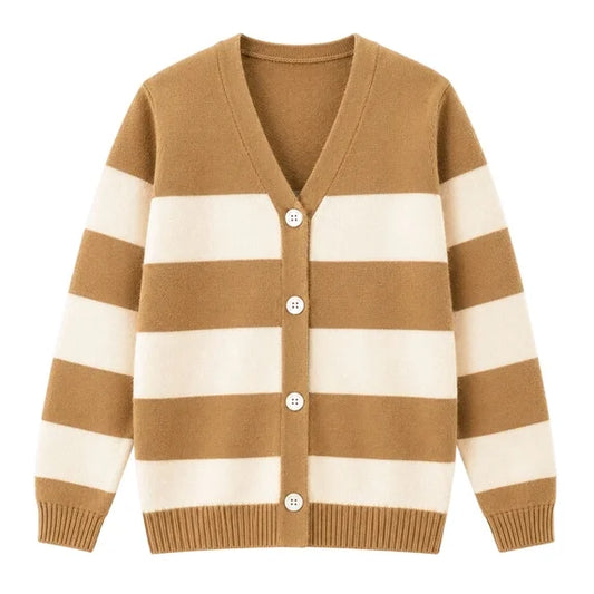 HILEELANG Girls Striped Cardigan Sweater Fall Knit Preppy Cardigan Khaki Ivory